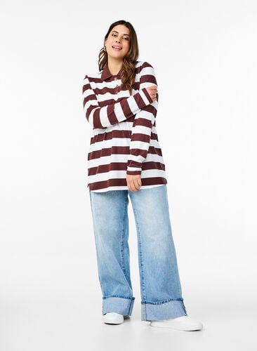 Zizzi Stripete poloskjorte med lange ermer, Mørk Bordeaux, Model image number 1