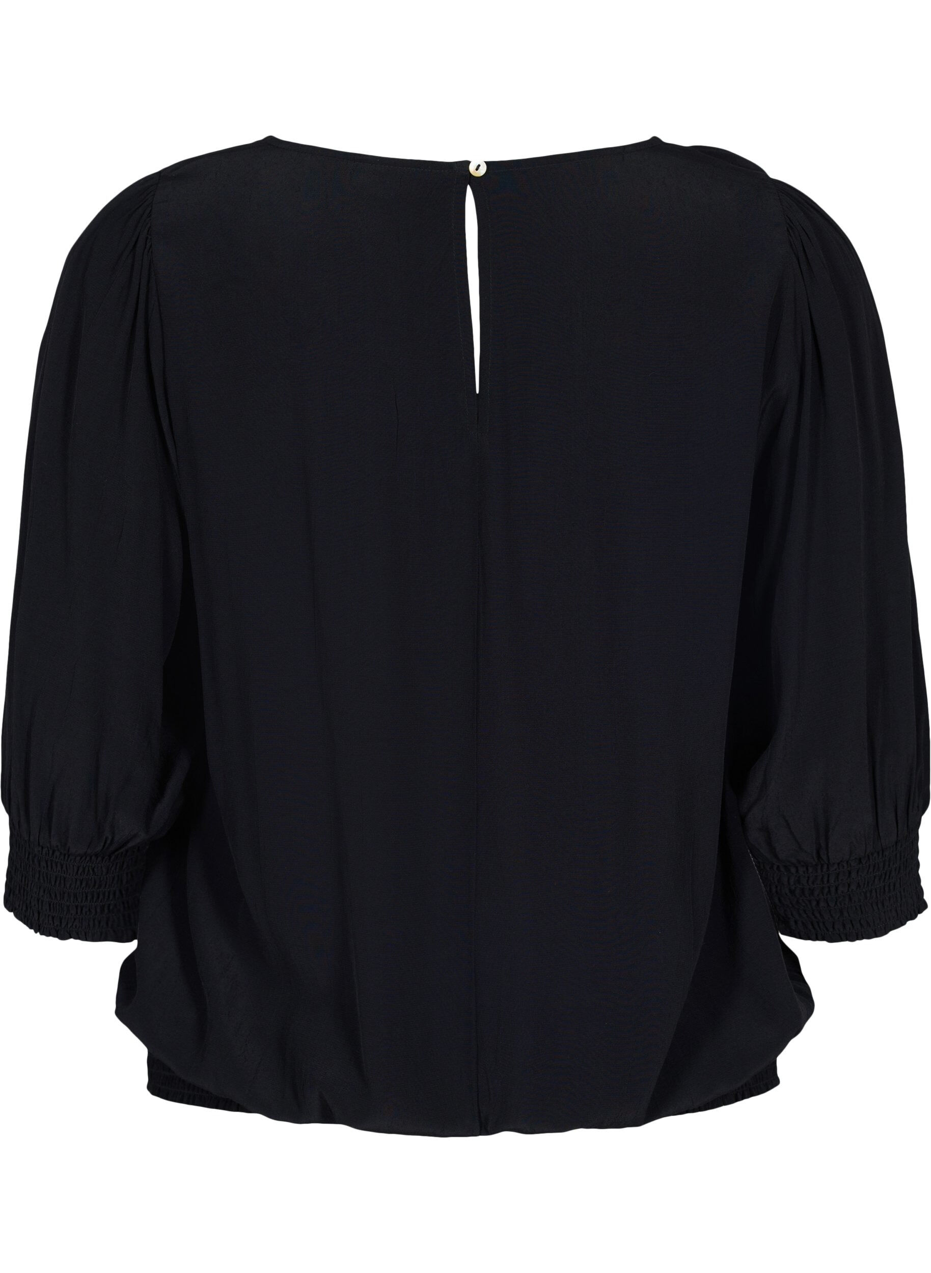 Zizzi Ensfarget viskosebluse med ballongeffekt, Black, Packshot image number 1