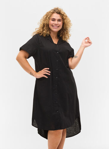Lang bomullsskjorte med korte ermer, Black, Model image number 0