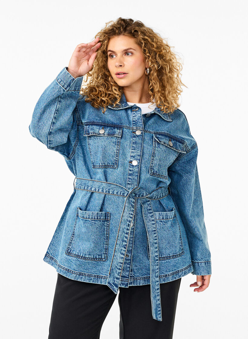 Dongerijakke med knytebelte, Blue Denim, Model image number 0