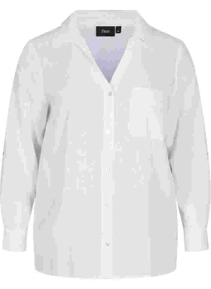 Bluse med 3/4-ermer og knapper, White, Packshot