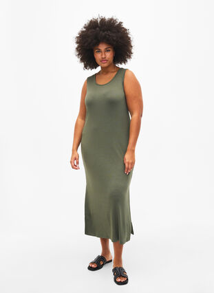 Ermeløs kjole i ribbestrikket viskose, Thyme, Model image number 0