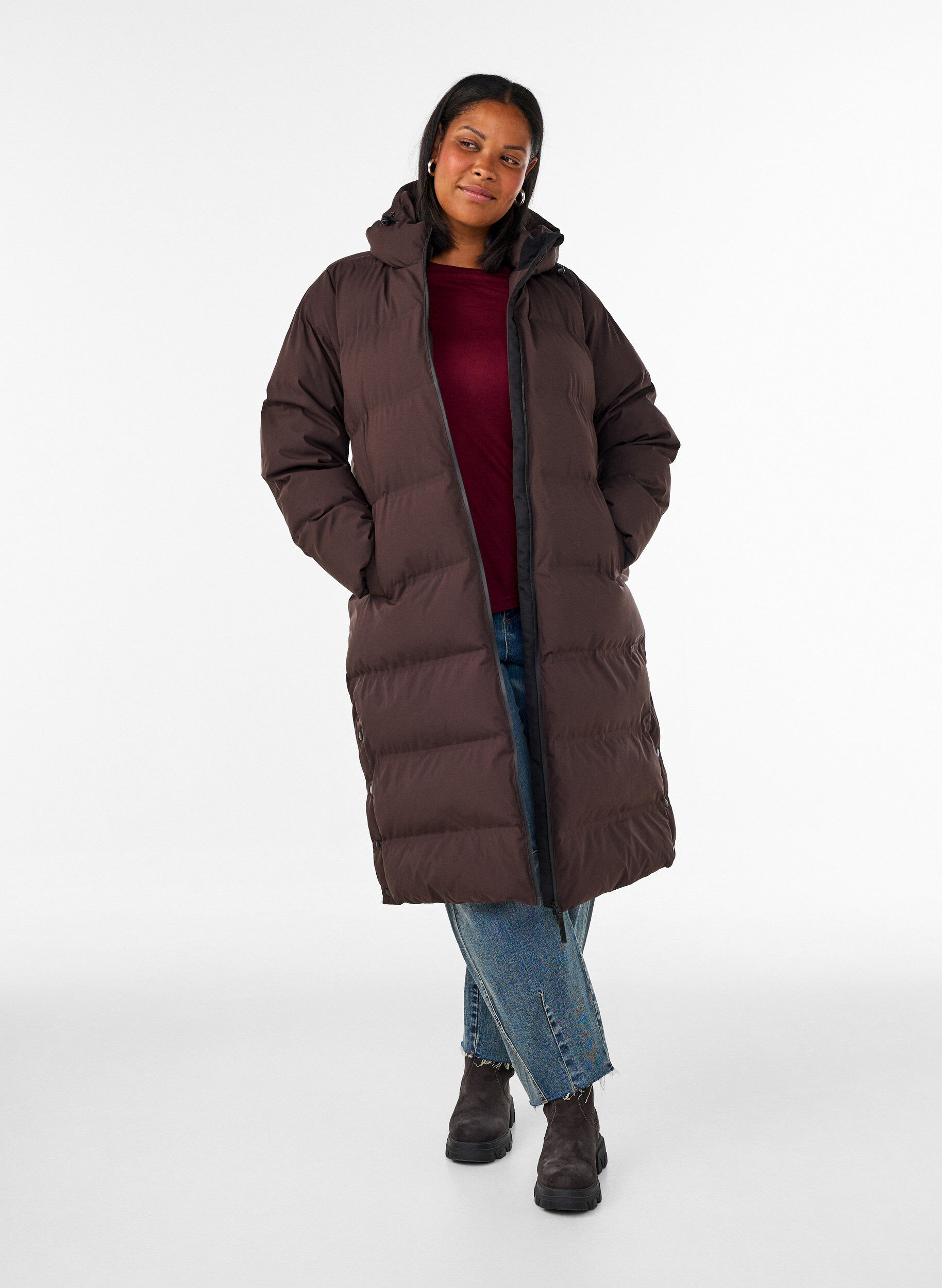 ZizziLang vinterk&aring;pe med hette, Brun, Model image number 1