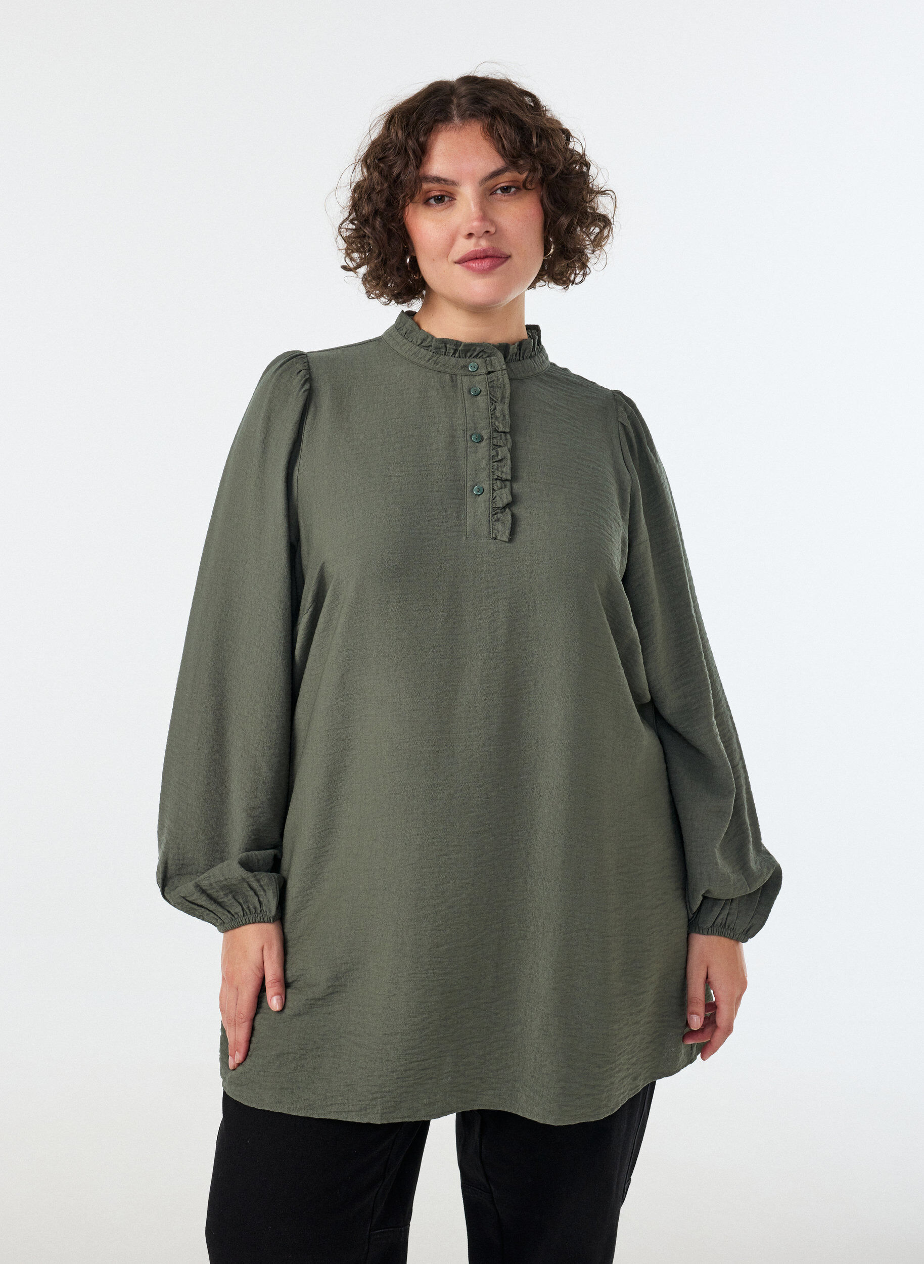 ZizziViskosetunika med volanger og knapper, Gr&oslash;nn, Model image number 0