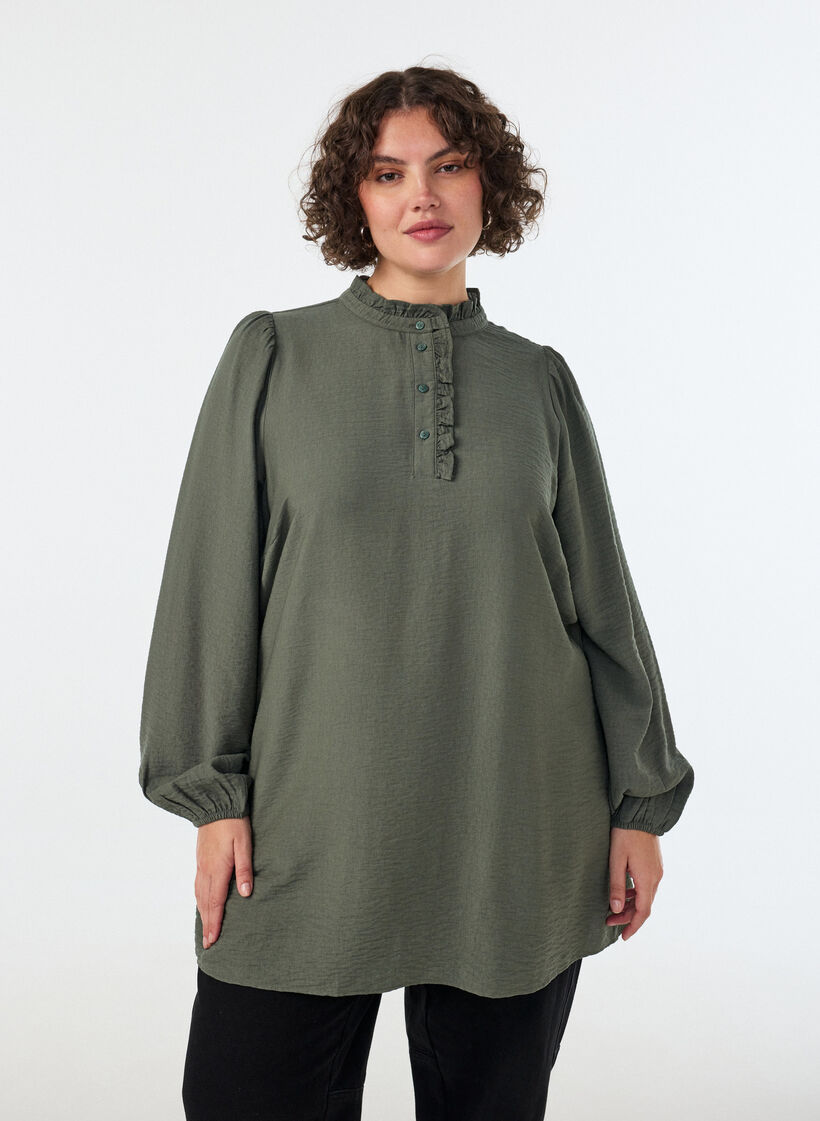 Viskosetunika med volanger og knapper, Gr&oslash;nn, Model image number 0