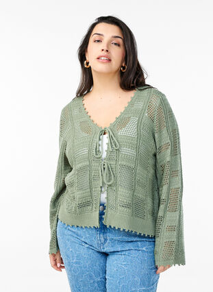 Zizzi Strikket cardigan med knytebånd og et åpent mønster, Grønn, Model image number 0