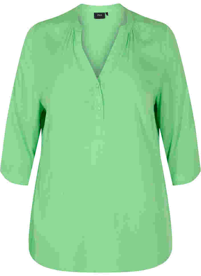 Bluse i viskose med 3/4 ermer og V-hals, Summer Green, Packshot image number 0
