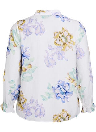 Zizzi Plissert bluse med lange ermer og blomstertrykk, Hvit, Packshot image number 1