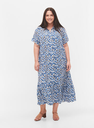 Kortermet midikjole i viskose, Blue Leo AOP, Model image number 2