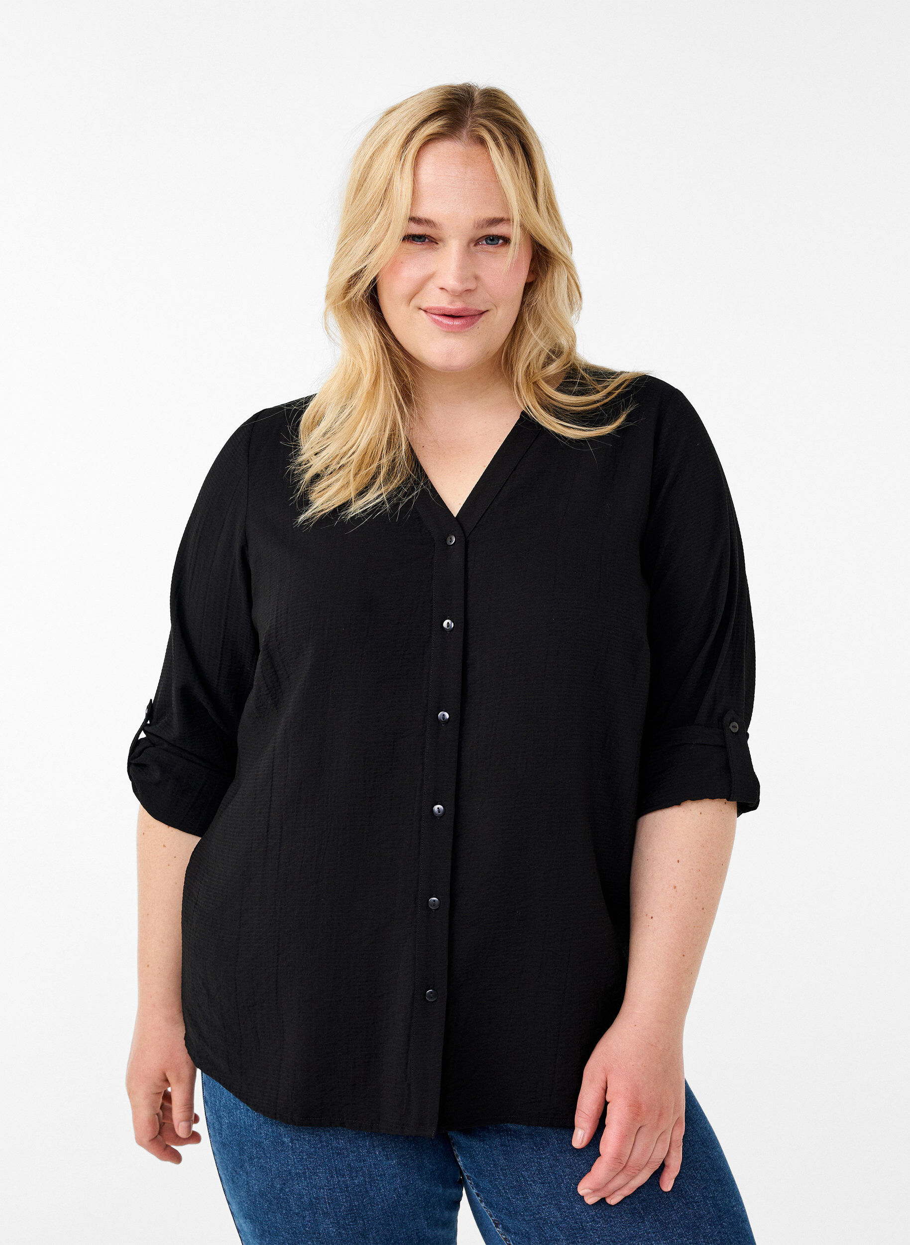 Zizzi Skjortebluse i viskose med 3/4 ermer, Black, Model image number 0