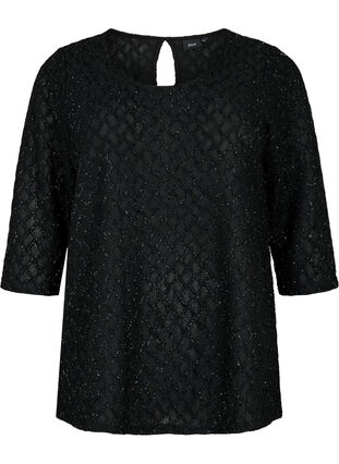 Mønstret bluse med 3/4-ermer og glitter, Black, Packshot image number 0