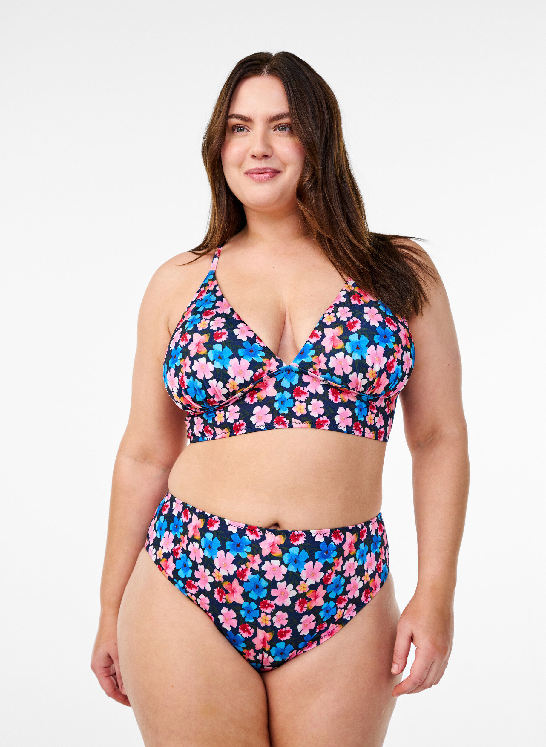 Zizzi Blomstret bikinioverdel med knyting p&aring; ryggen, Rosa, Model image number 1