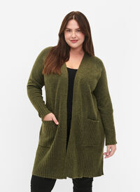 Lang strikket cardigan med lommer, Winter Moss Mel., Model