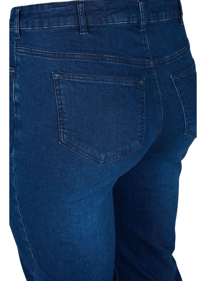 Tettsittende capribukser i denim og bomull, Dark blue denim, Packshot image number 3