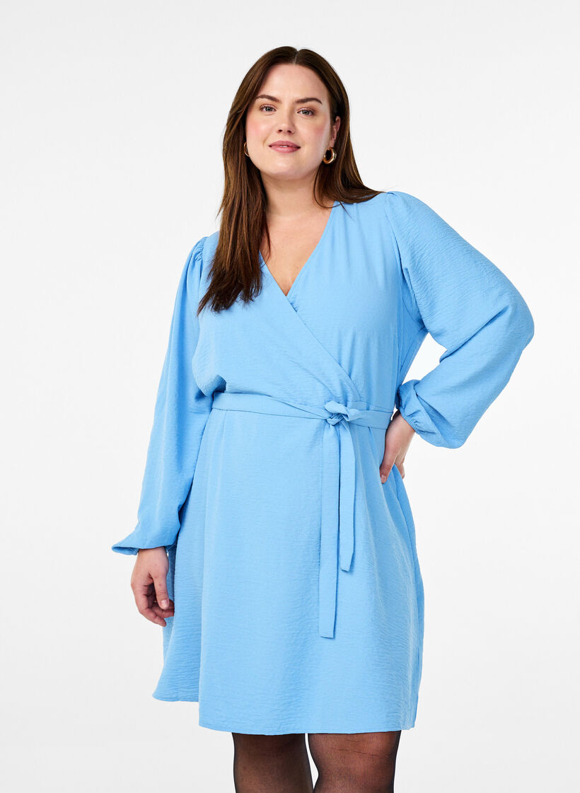 Kort omslagskjole med knytebelte, Blå, Model image number 0