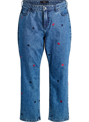 Zizzi Høy-midje Gemma jeans med broderte detaljer, DB Hearts, Packshot image number 0