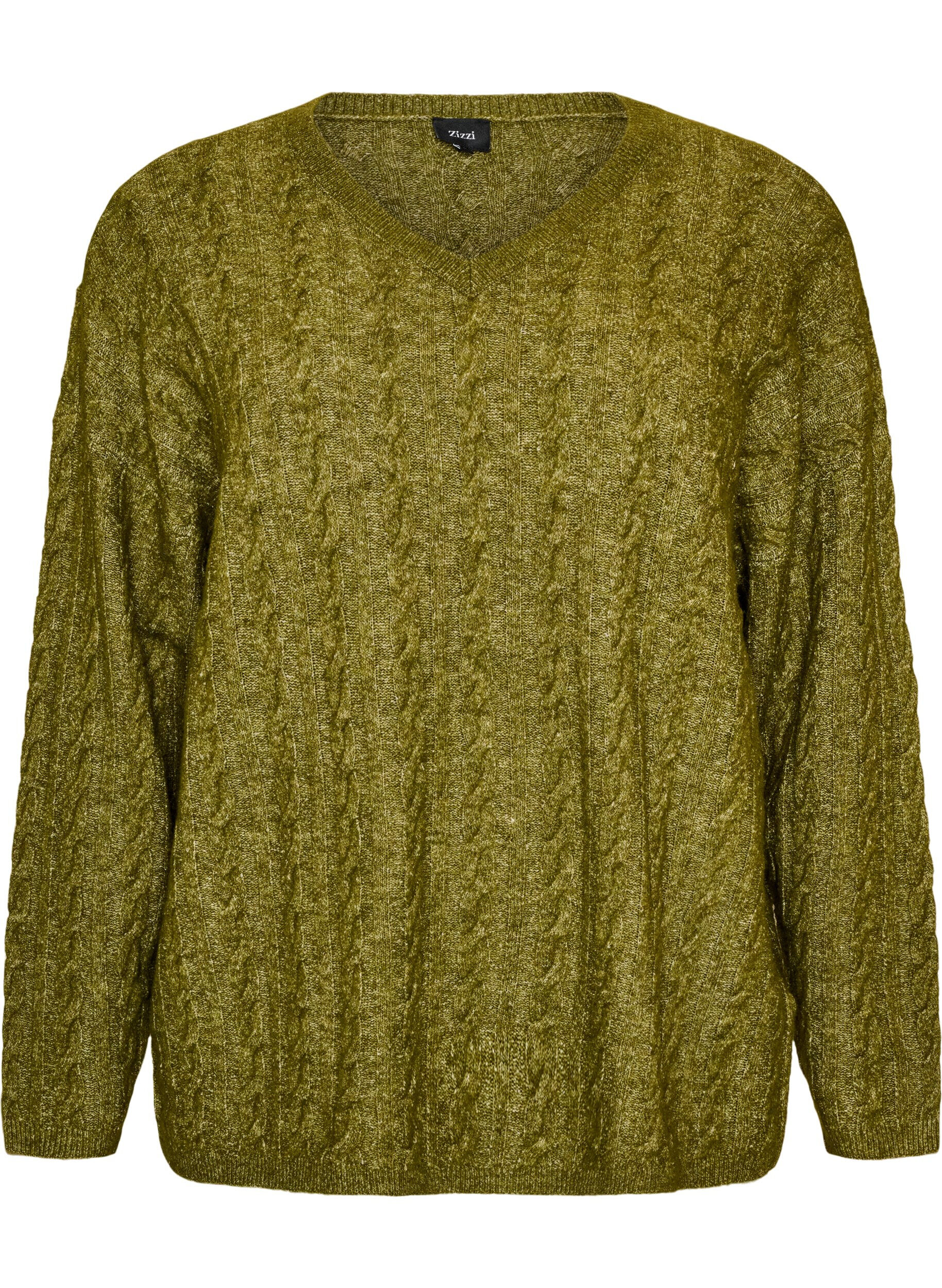 ZizziStrikket bluse med flettestrikk og V-hals, Gr&oslash;nn, Packshot image number 0