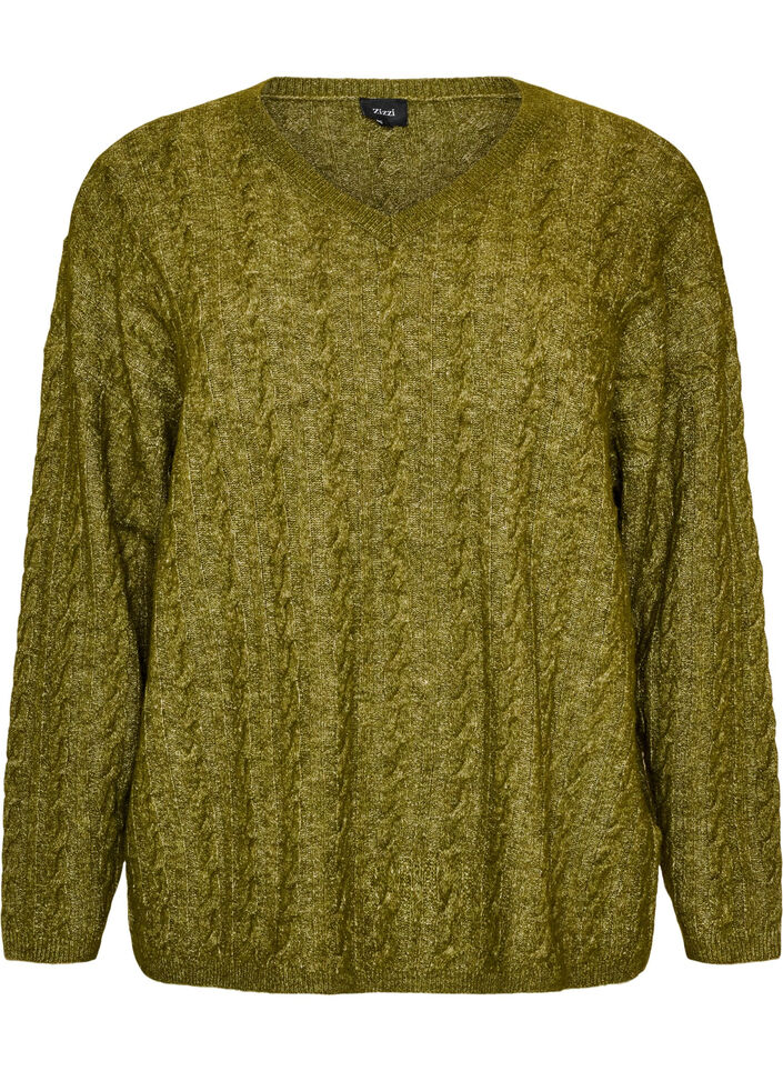 Strikket bluse med flettestrikk og V-hals, Gr&oslash;nn, Packshot image number 0
