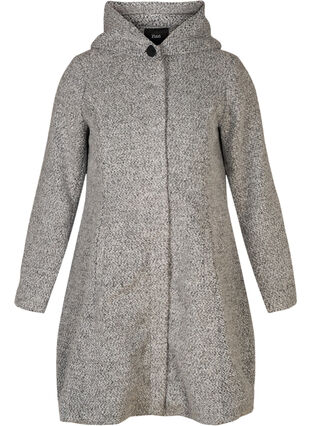 Lang jakke med ull og hette, Light Grey Melange, Packshot image number 0