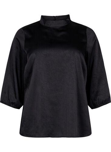 Bluse med 3/4-ermer og kinakrage, Black, Packshot image number 0