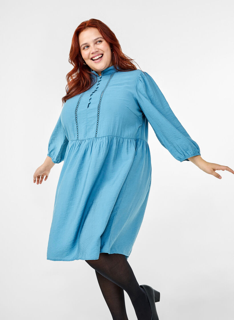 Knelang kjole med broderi og 3/4-ermer, Blue Heaven, Image image number 0