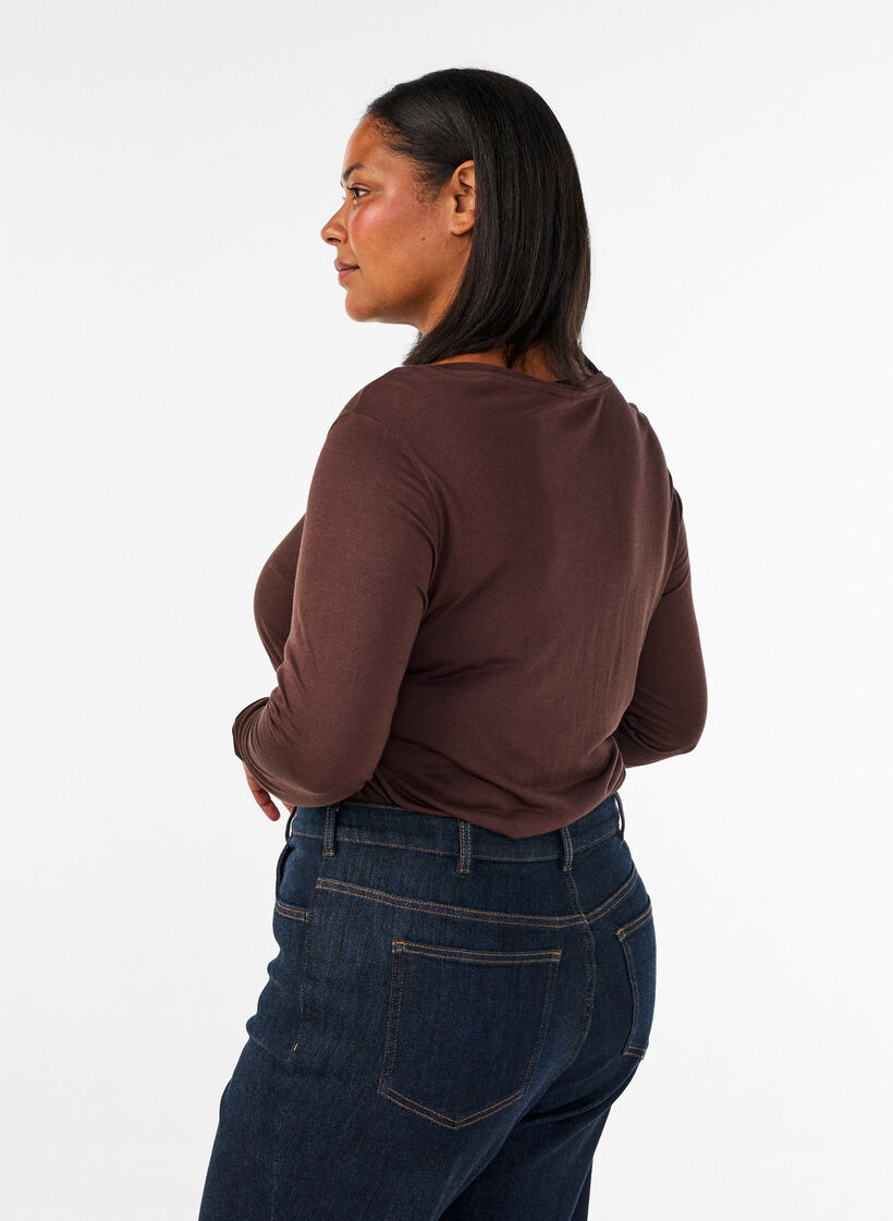 Langermet bluse i ull og viskose, Brun, Model image number 2