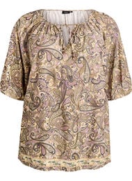 Viskose bluse med paisley-trykk og knytesnor, Gul