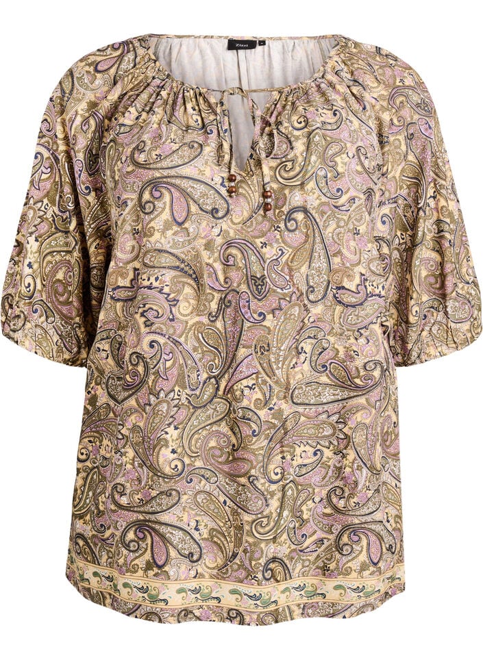 Viskose bluse med paisley-trykk og knytesnor, Gul, Packshot image number 0