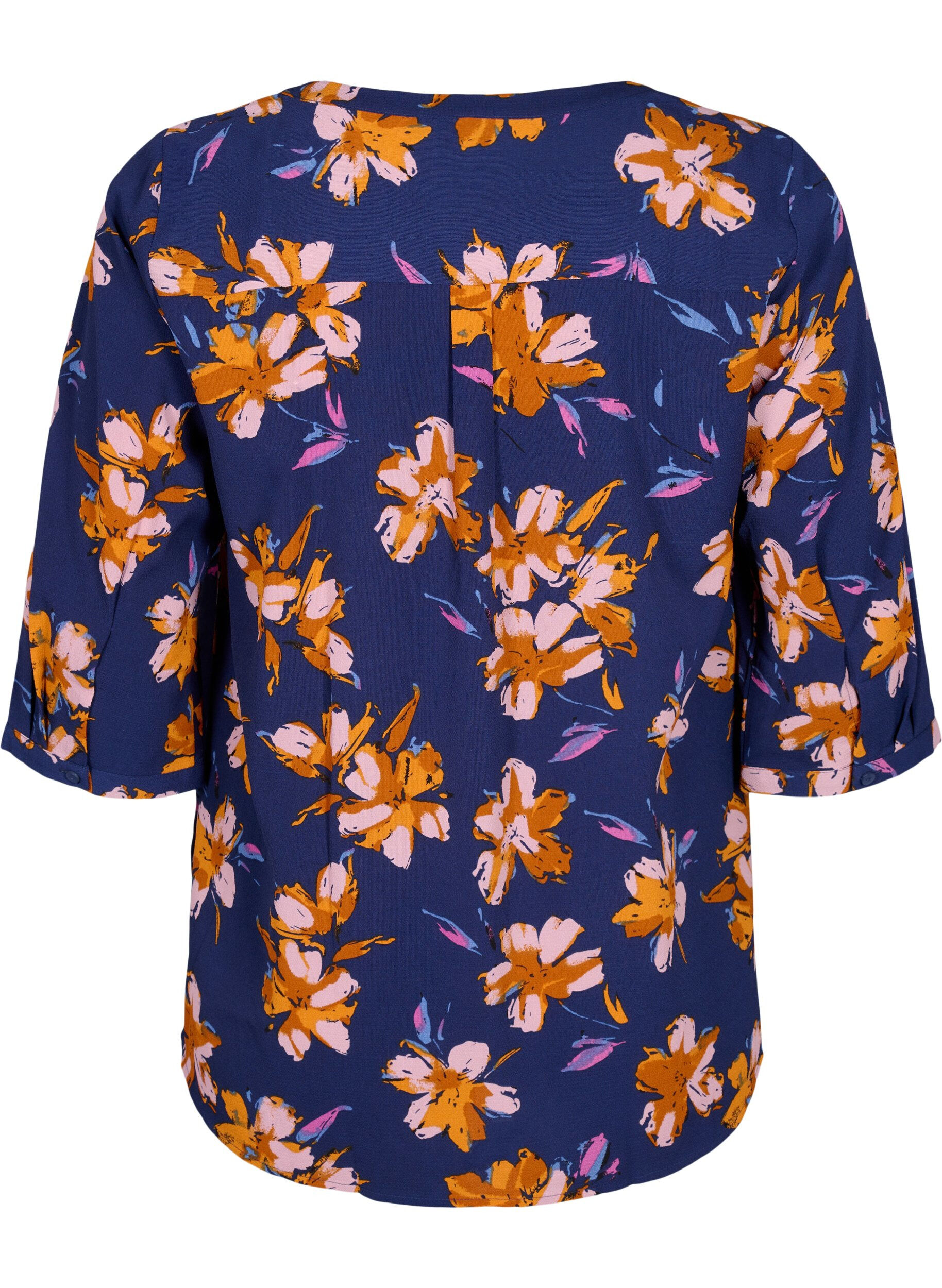 Zizzi Blomstret bluse med 3/4-ermer, Peacoat Flower AOP, Packshot image number 1