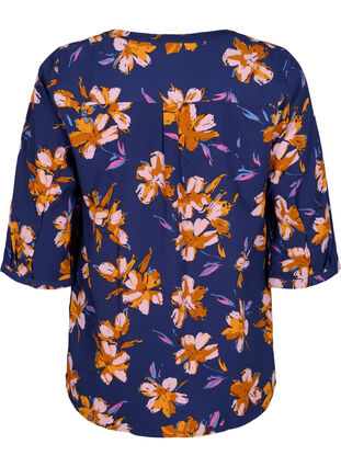 Blomstret bluse med 3/4-ermer, Peacoat Flower AOP, Packshot image number 1