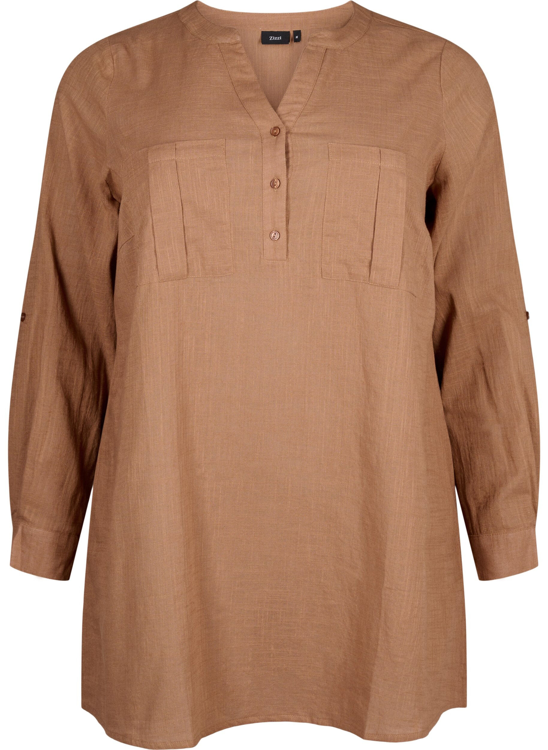 Zizzi Tunika i bomull med 3/4 ermer, Coca Mocha, Packshot image number 0