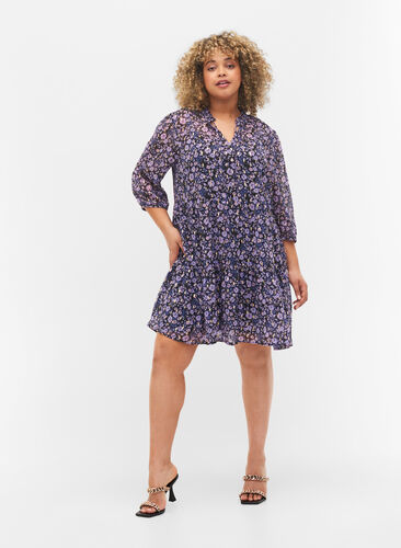 Tunika med blomstermønster og lurex, Purple Ditzy Flower, Model image number 2