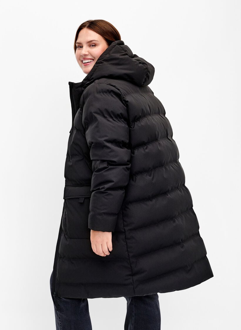 Pufferjakke med hette og lommer, Svart, Model image number 2