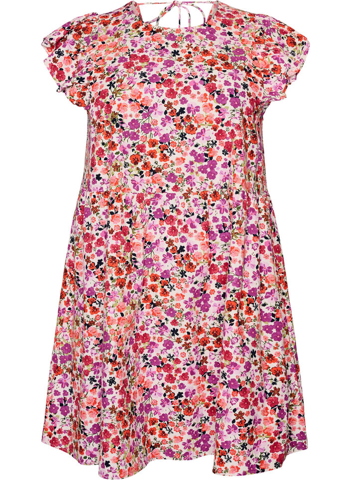 Blomstrete bomullskjole med volanger og V-hals, Rosa, Packshot image number 0