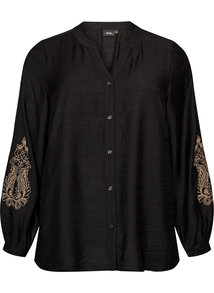 Viskoseskjorte med broderte ermer, Svart, Packshot image number 0