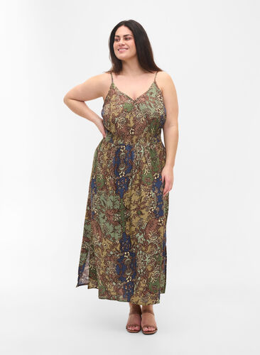Ermeløs midikjole i viskose med paisleymønster, Green Paisley, Model image number 0