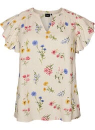 Bluse i viskose og lin med volangermer, Beige