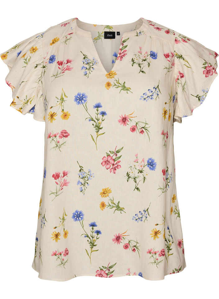 Bluse i viskose og lin med volangermer, Beige, Packshot image number 0