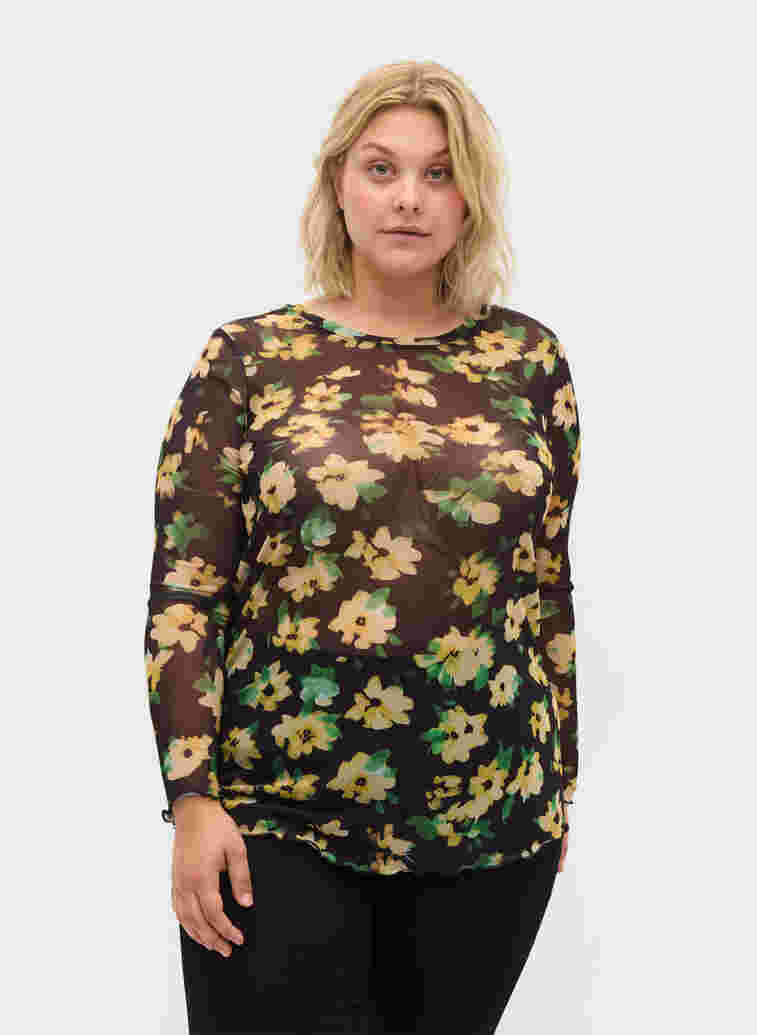 Tettsittende bluse i mesh og blomstermønster, Yellow Green AOP, Model image number 0