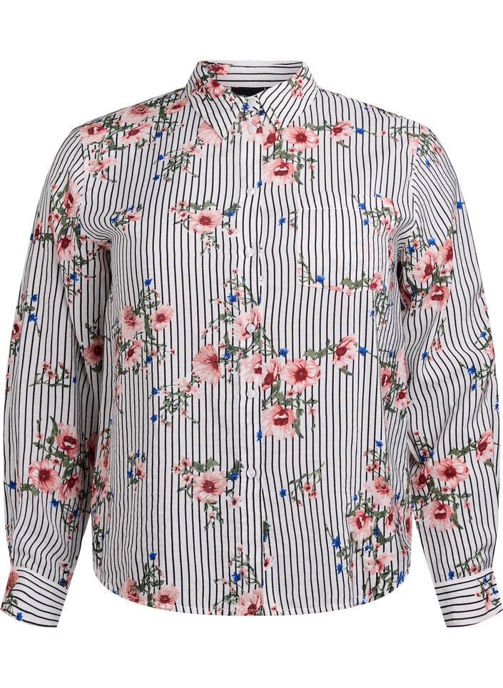 Skjorte med blomstertrykk og smale striper, Black Striped AOP, Packshot