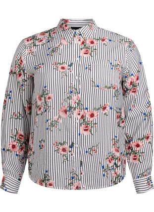 Zizzi Skjorte med blomstertrykk og smale striper, Black Striped AOP, Packshot image number 0