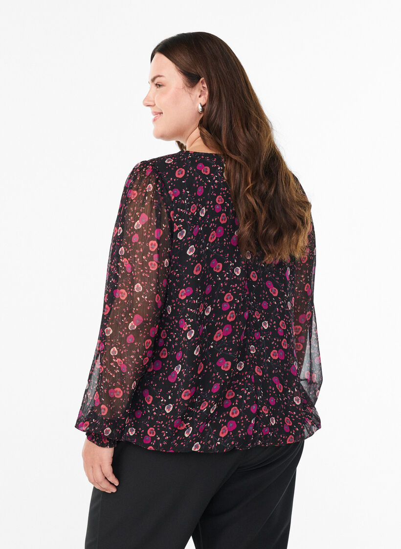 Blomstret chiffongbluse med gjennomsiktige ermer, Svart, Model image number 2