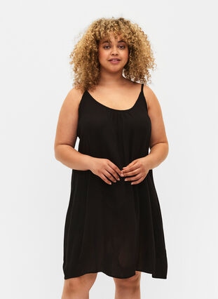 Ensfarget kjole i viskose med stropper, Black, Model image number 0
