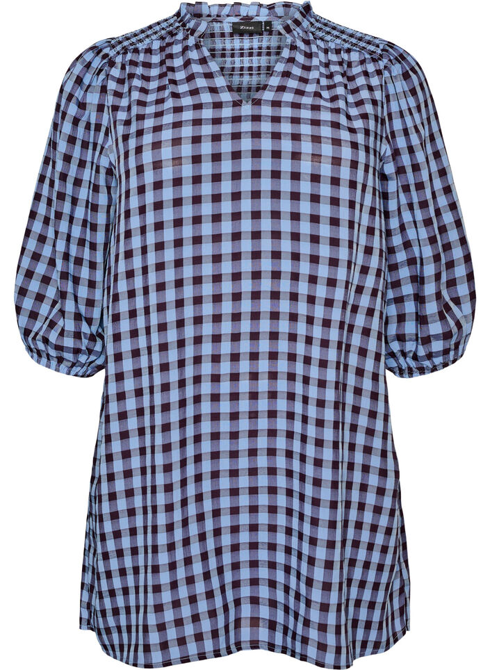 Tunika med gingham-sjekk og volangkrage, Bl&aring;, Packshot image number 0