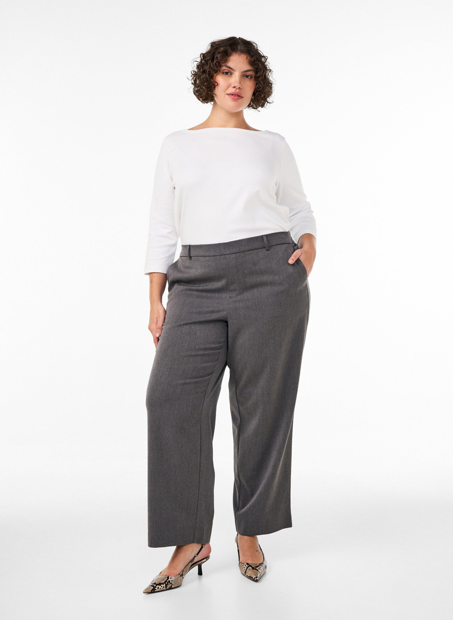 ZizziDressbukse med h&oslash;y midje og straight fit, Gr&aring;, Model image number 0