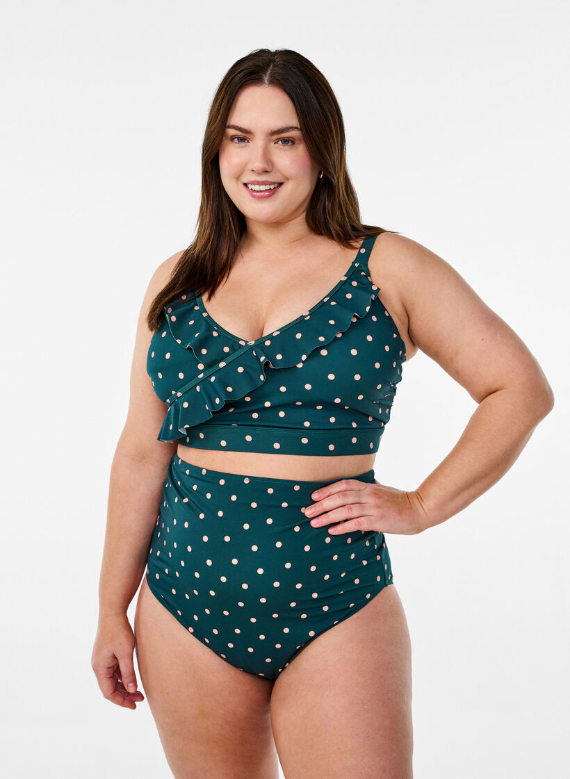 Bikinitopp med prikker og volangdetaljer, Gr&oslash;nn, Model image number 1