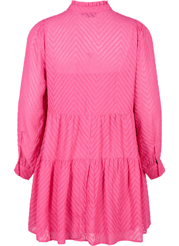 Kort, strukturmønstret kjole med volangkrage, Magenta, Packshot image number 1