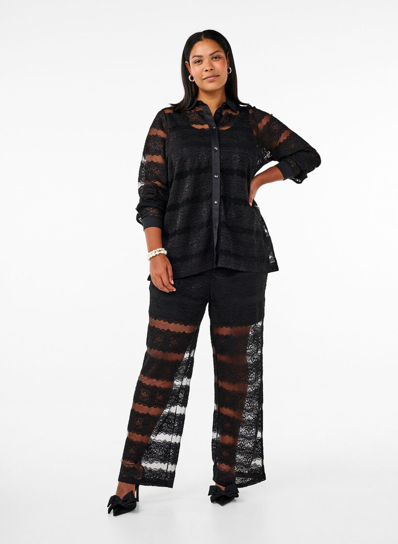 Løs skjorte med blonder og gjennomsiktig mesh, Black, Model image number 2