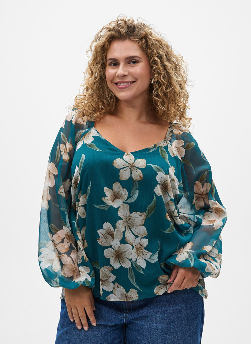 Chiffonbluse med blomstertrykk og lange ermer, Gr&oslash;nn, Model image number 0