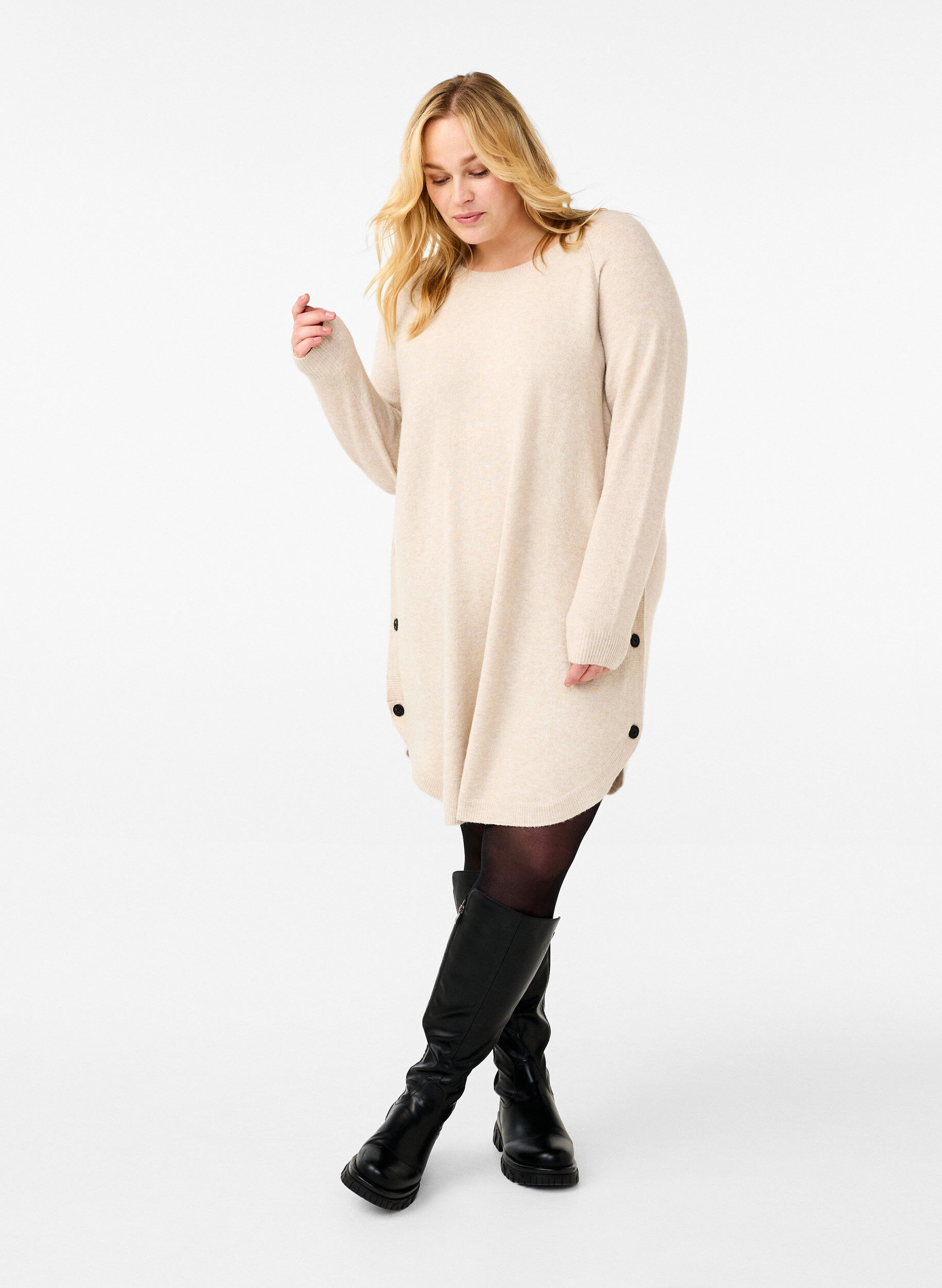 Zizzi Melert strikkekjole med knapper, Pumice Stone Mel., Model image number 2